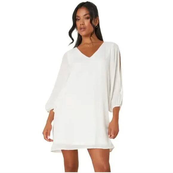 Lulu's Short Dress Large Slit Sleeves V-Neck Lined Creamy White Minimalist - Picture 1 of 13